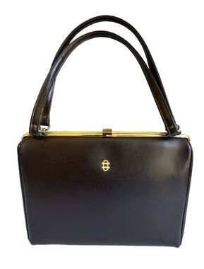 Vintage Elite Frame Handbag Brown Purse Top Handle Structured Bag Gold Elegent